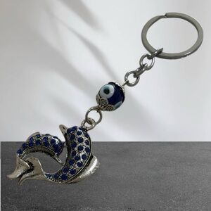 Elegant Silver/Blue/White Dolphin Keychain with Evil Eye Beads